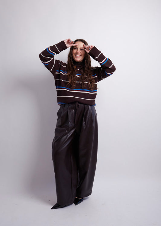 Dark Brown Striped Polo Knit