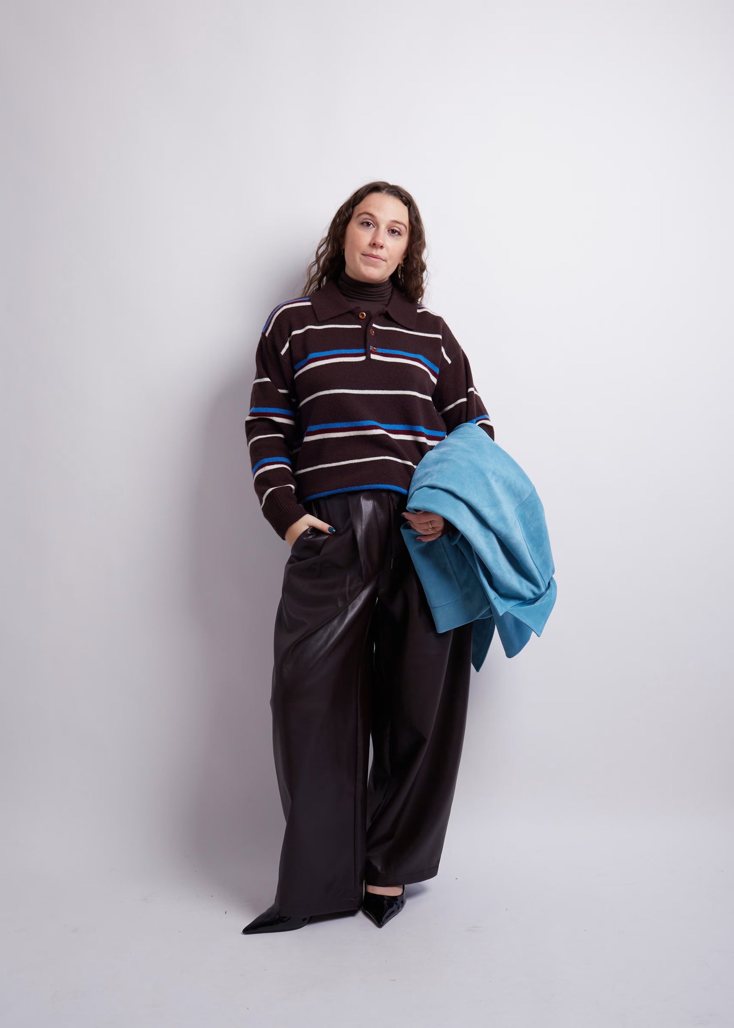 Dark Brown Striped Polo Knit